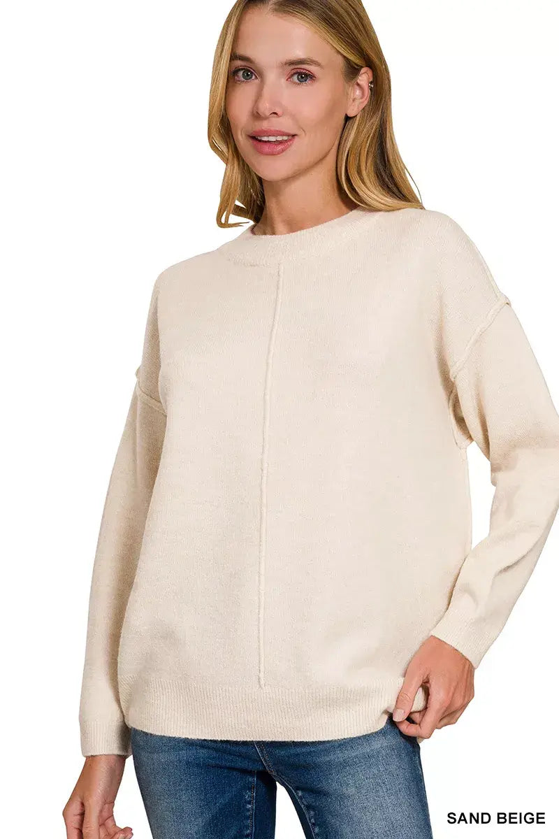 Zenana Melange Front Seam Round-Neck Sweater - Trendsi - Flyclothing LLC