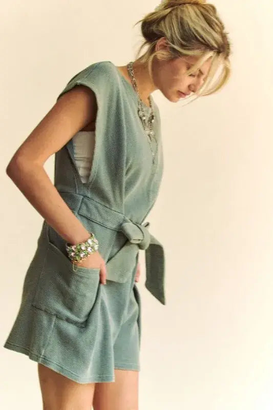 Davi & Dani Acid-Washed Waffle Knit Cuffed Sleeves Romper - Trendsi - Flyclothing LLC