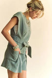 Davi & Dani Acid-Washed Waffle Knit Cuffed Sleeves Romper - Trendsi