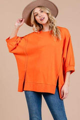 Ces Femme Side Slit Drop Shoulder Puff Sleeve Sweatshirt - Trendsi - Flyclothing LLC