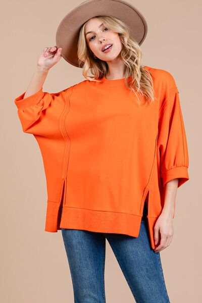 Ces Femme Side Slit Drop Shoulder Puff Sleeve Sweatshirt - Trendsi - Flyclothing LLC