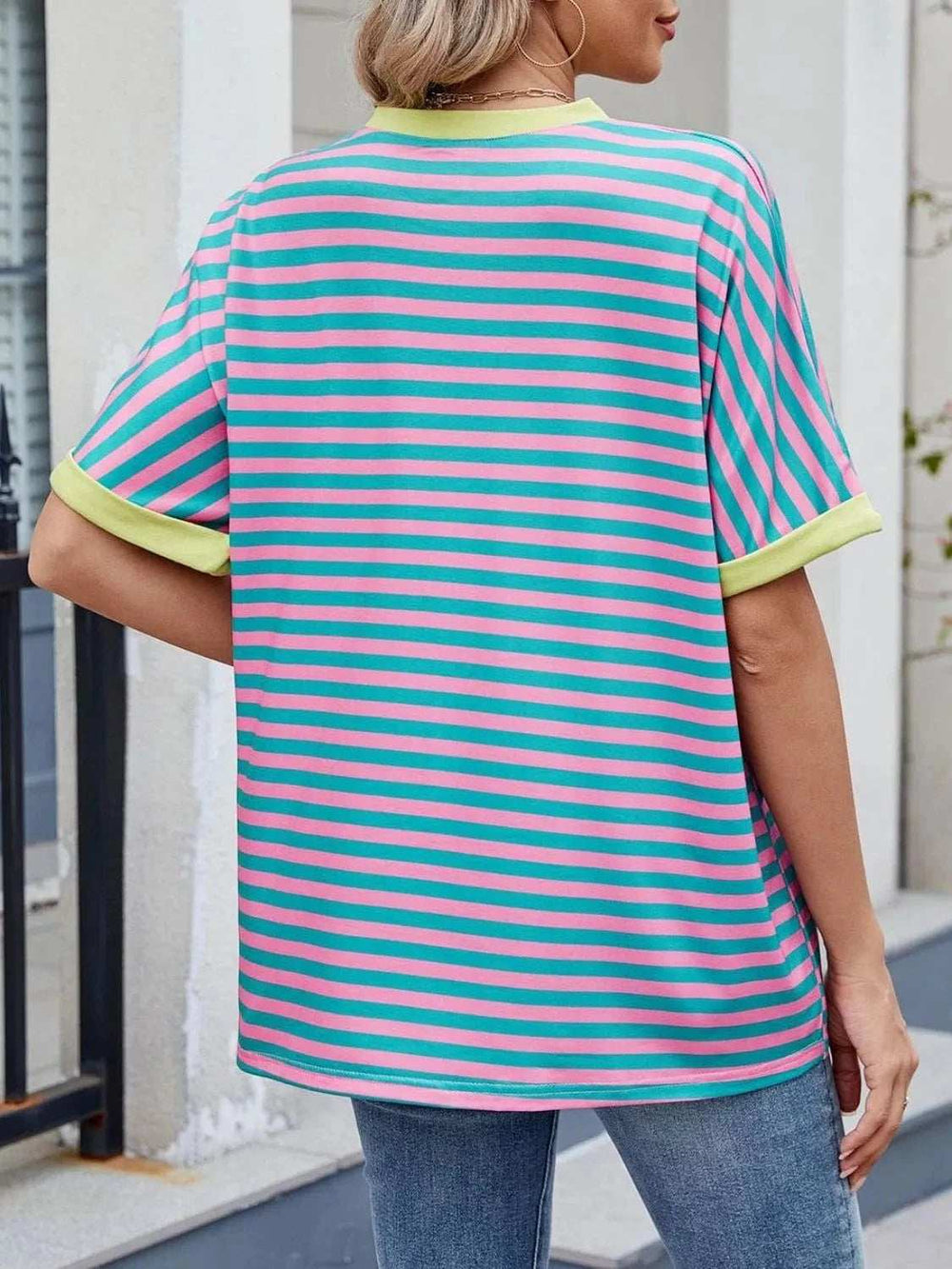 Striped Round Neck Half Sleeve T-Shirt - Trendsi - Flyclothing LLC