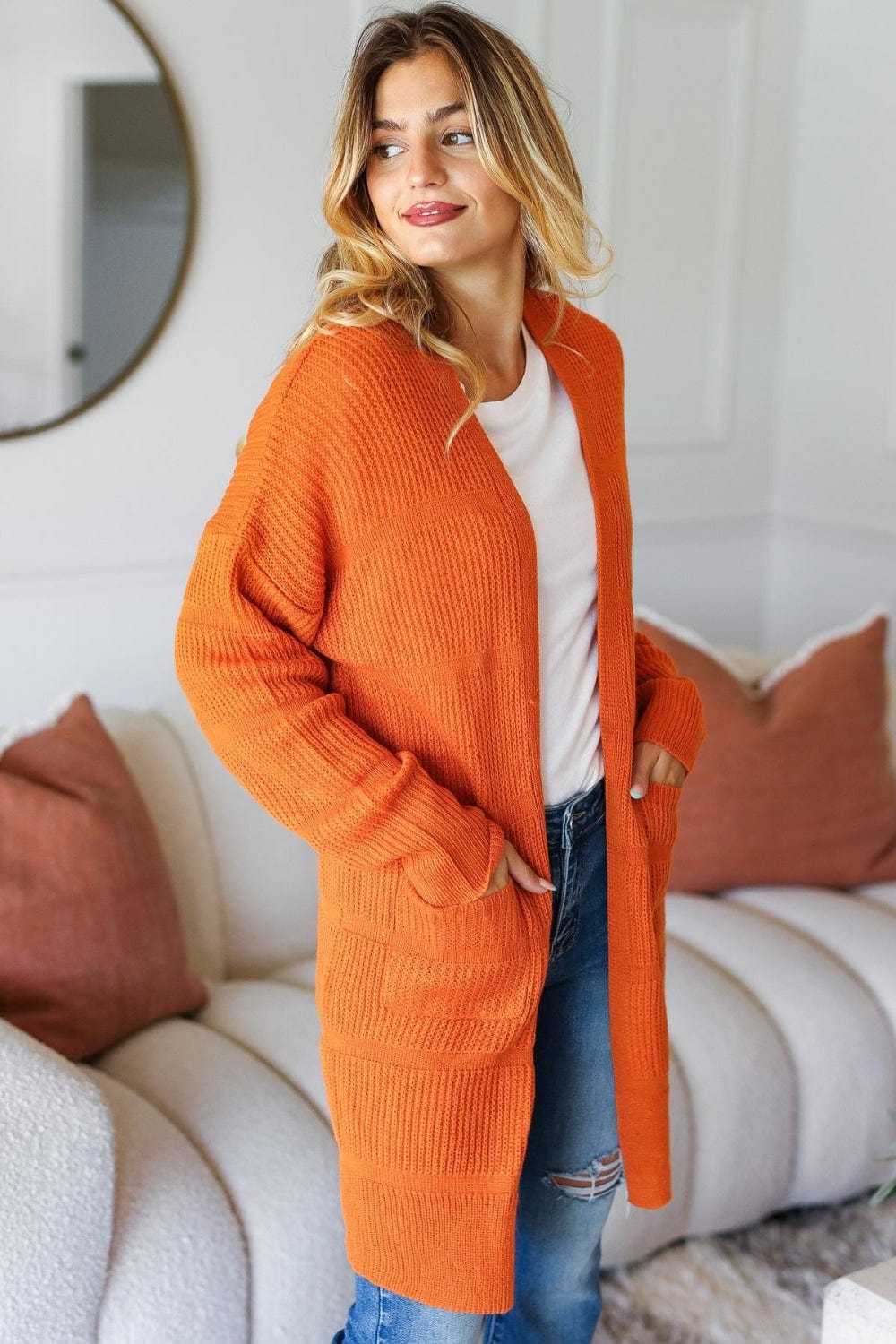 Haptics Full Size Stripe Textured Open Front Cardigan with Pockets - Trendsi