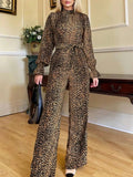 Leopard Flounce Sleeve Wide Leg Jumpsuit - Trendsi