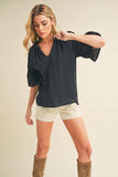 Aemi + Co Side Slit Notched Ruffled Half Sleeve Blouse - Trendsi - Flyclothing LLC