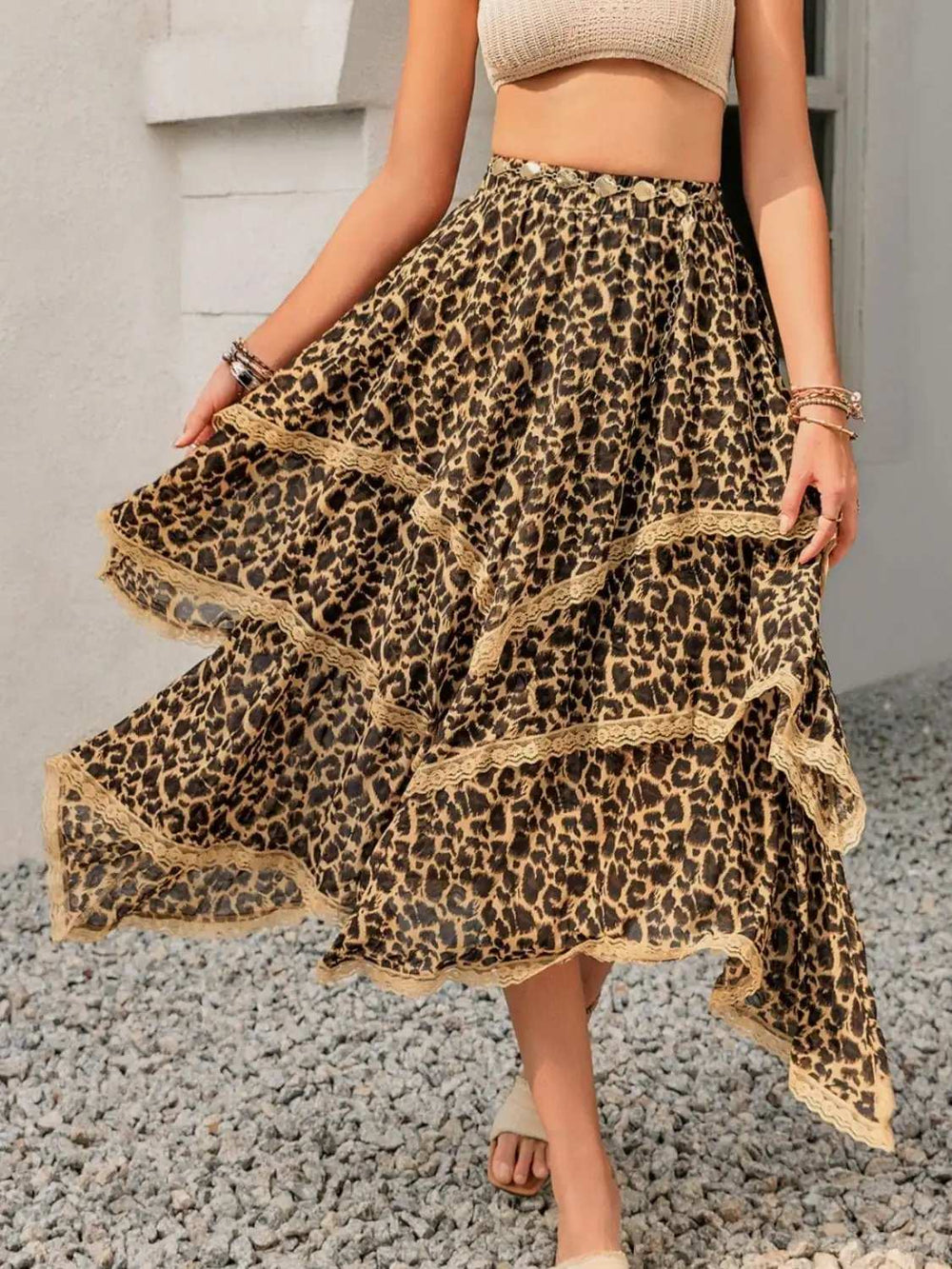 Lace Detail Layered Printed Skirt - Trendsi - Flyclothing LLC