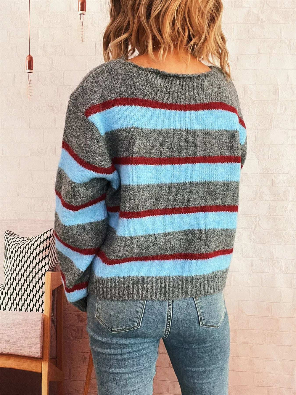 Striped Round Neck Long Sleeve Sweater - Trendsi - Flyclothing LLC