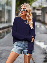 Dropped Shoulder Round Neck Long Sleeve Knit Top - Trendsi - Flyclothing LLC