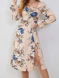 Slit Printed Square Neck Flounce Sleeve Dress - Trendsi - Flyclothing LLC