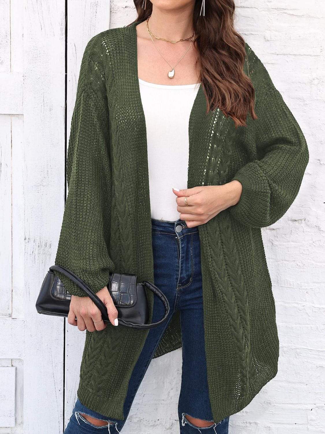 Cable-Knit Open Front Long Sleeve Cardigan - Trendsi - Flyclothing LLC