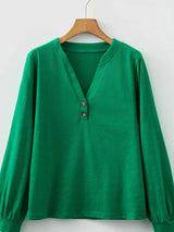Solid Color Button V Neck Long Sleeve Top - Trendsi - Flyclothing LLC