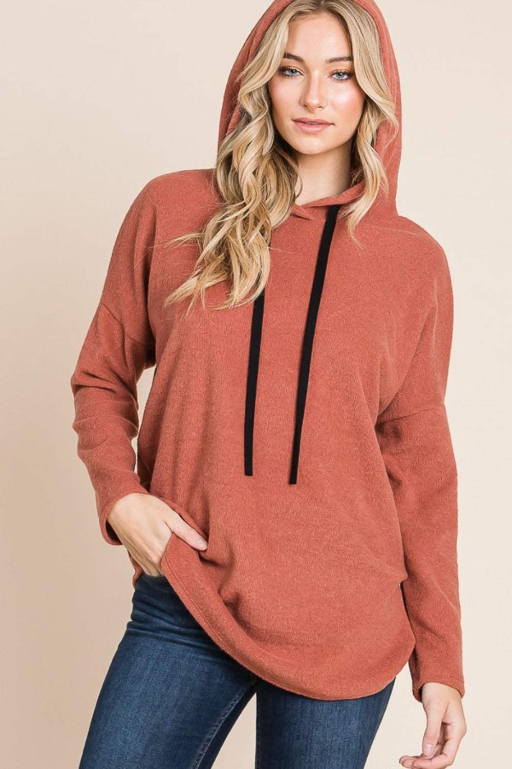 BOMBOM Contrast Drawstring Drop Shoulder Knit Hoodie - Trendsi - Flyclothing LLC