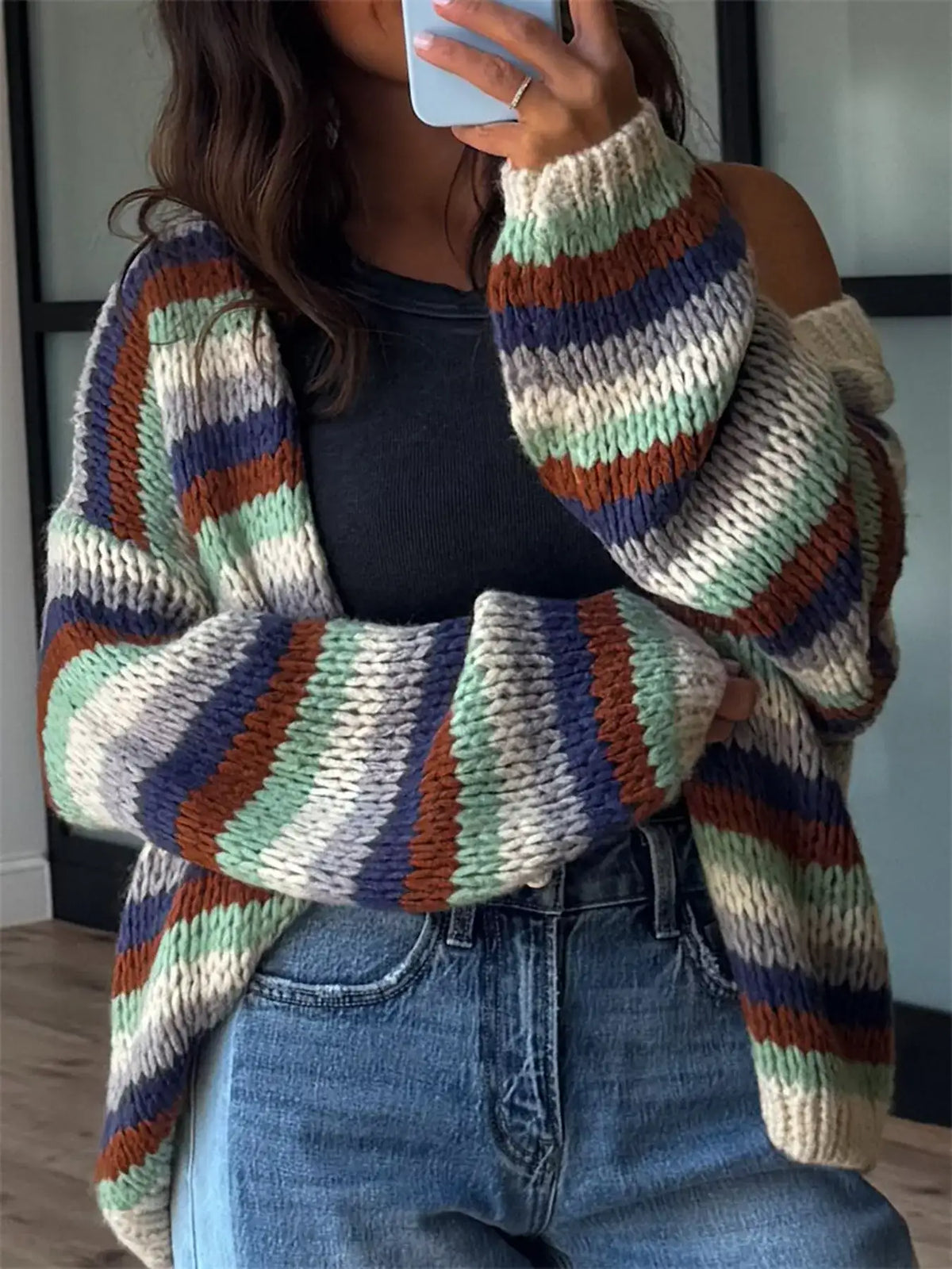 Multi-Color Striped Chunky Knit Open-Front Cardigan - Trendsi - Flyclothing LLC
