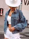 Collared Neck Dropped Shoulder Denim Top - Trendsi