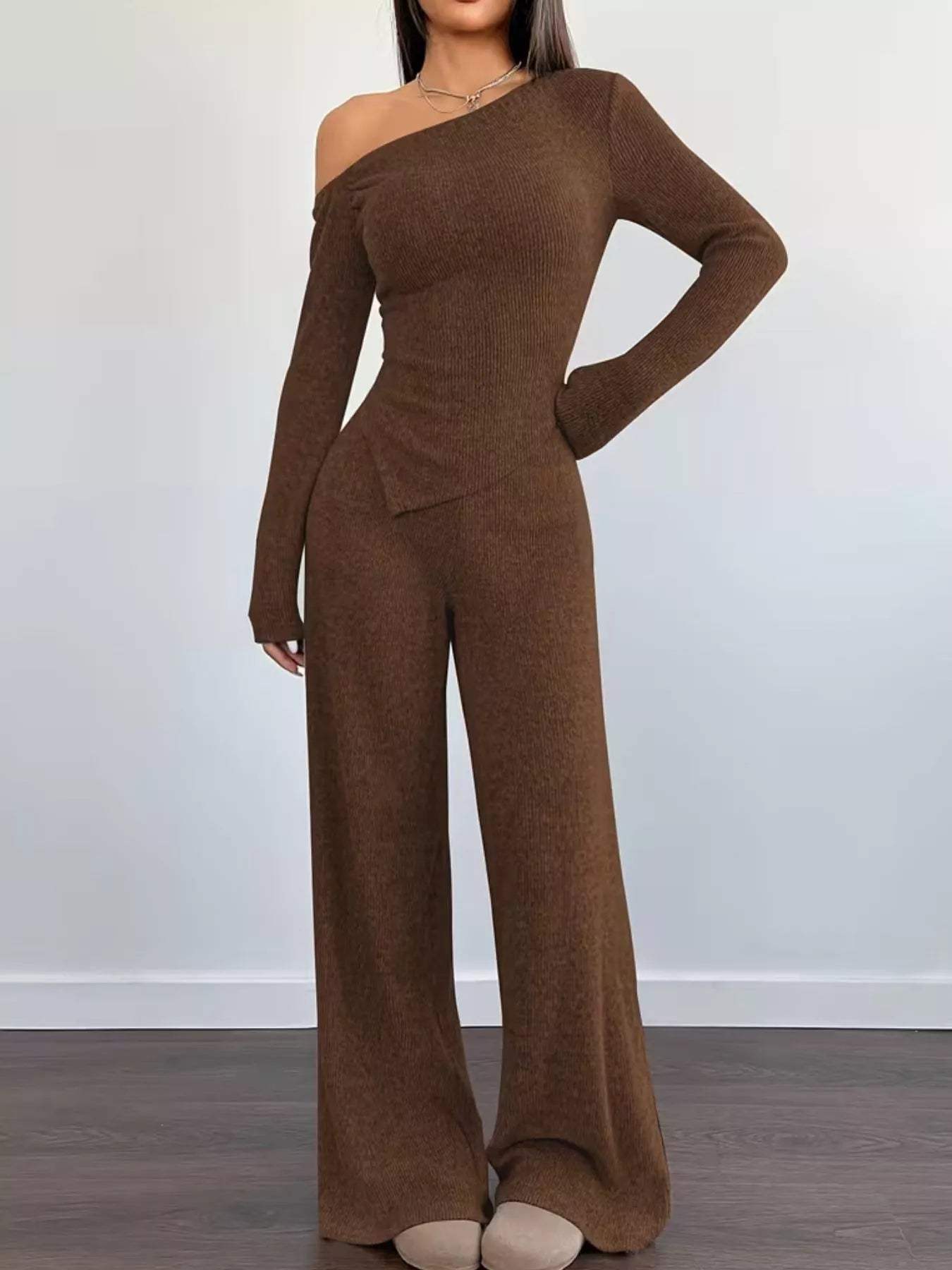 Chic One-Shoulder Asymmetrical Top and Wide-Leg Pants Set - Trendsi - Flyclothing LLC