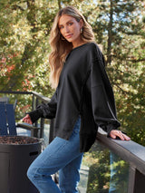 Slit Round Neck Long Sleeve Sweatshirt - Trendsi - Flyclothing LLC