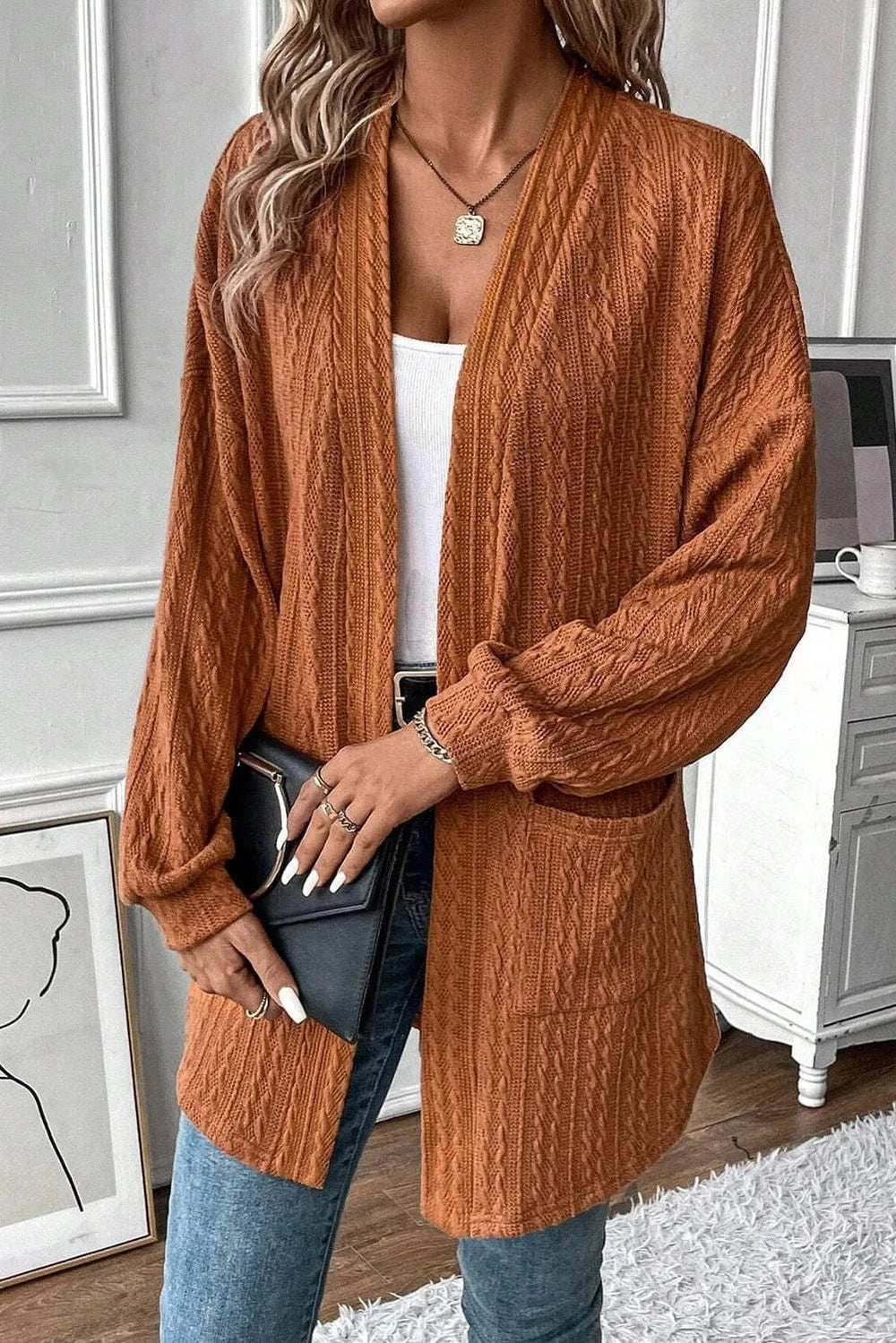 Textured Pocketed Open Front Long Sleeve Cover Up - Trendsi - Flyclothing LLC