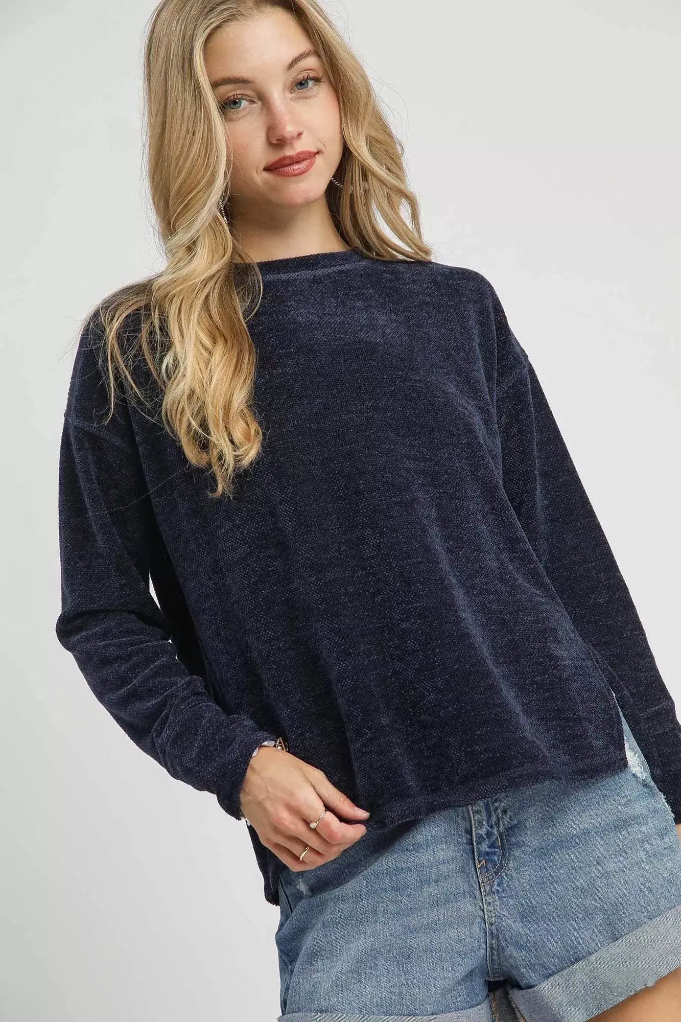 Umgee Round Neck Long Sleeve Side Slit Top - Trendsi - Flyclothing LLC