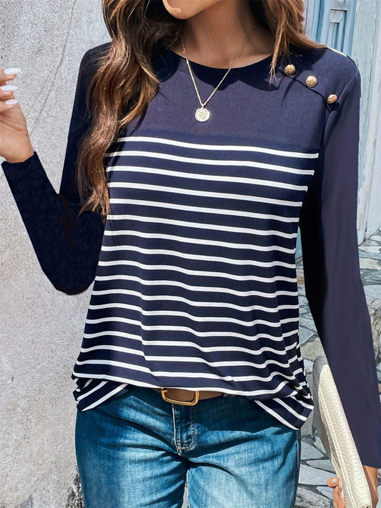 Decorative Button Striped Round Neck Long Sleeve T-Shirt - Trendsi