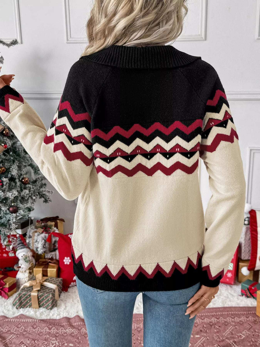 Chevron Pattern Long Sleeve Sweater - Trendsi - Flyclothing LLC