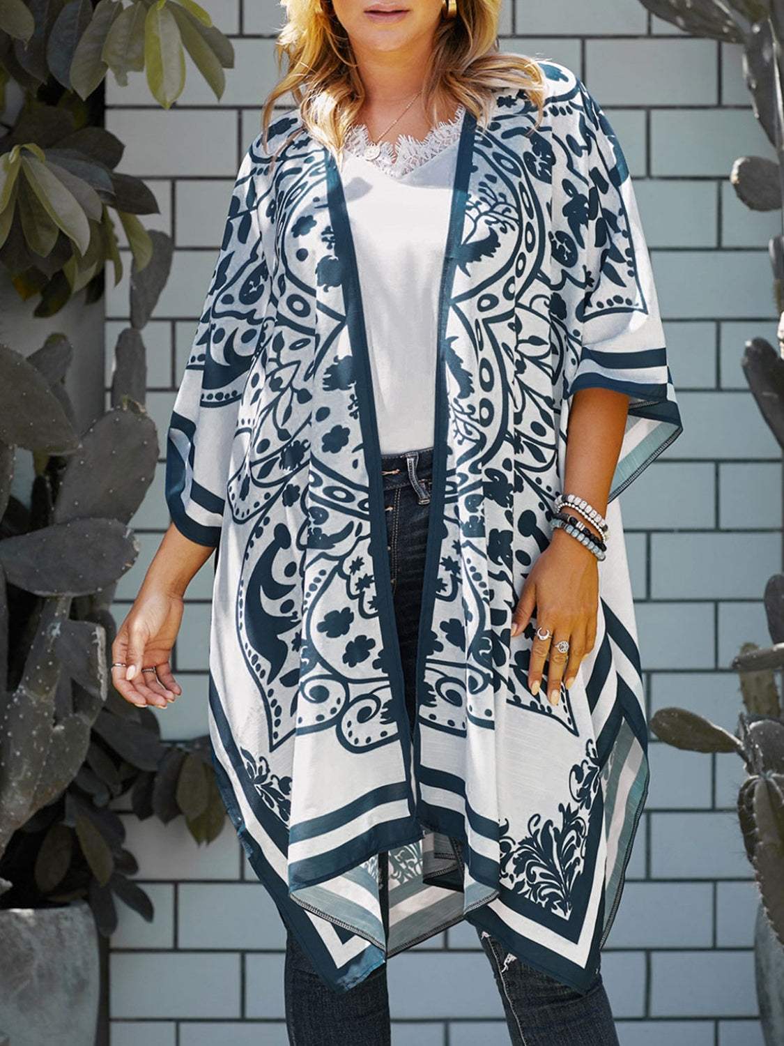 Printed Open Front Cover-Up - Trendsi - Flyclothing LLC