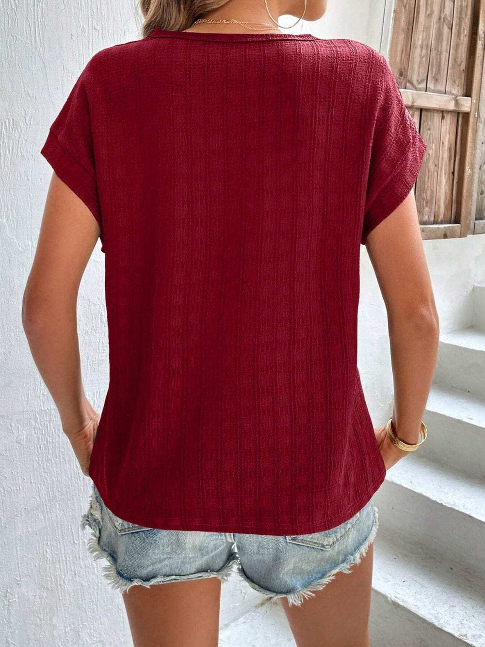 Textured Round Neck Short Sleeve Top - Trendsi - Flyclothing LLC