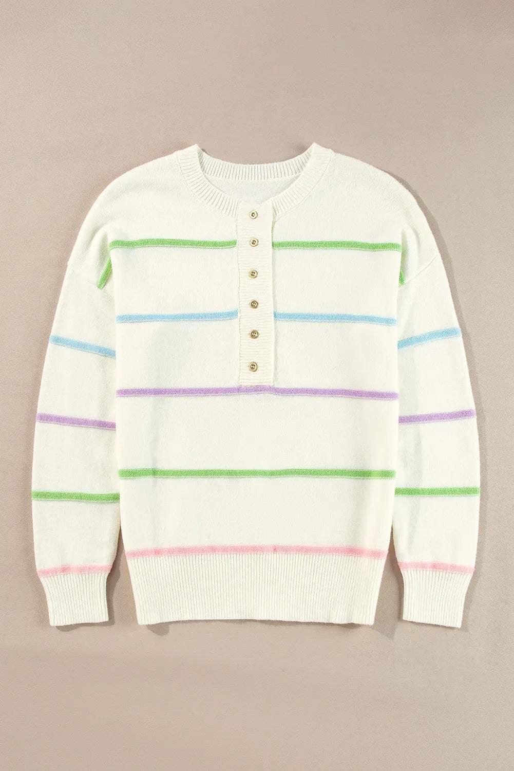 Contrast Striped Half Button Round Neck Sweater - Trendsi - Flyclothing LLC