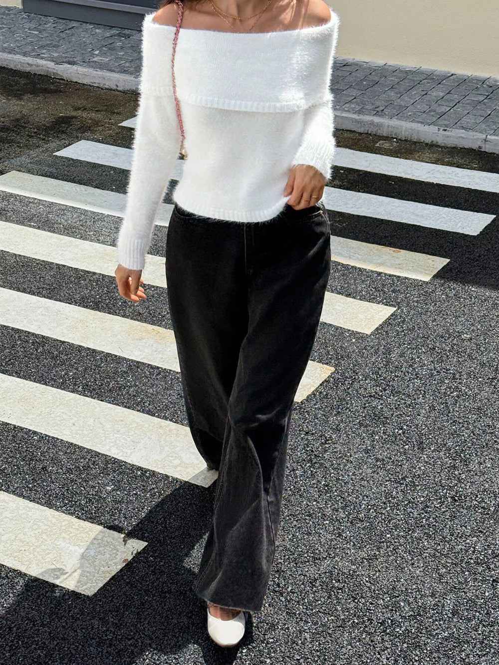 Off-Shoulder Fluffy Knit Sweater - Trendsi - Flyclothing LLC