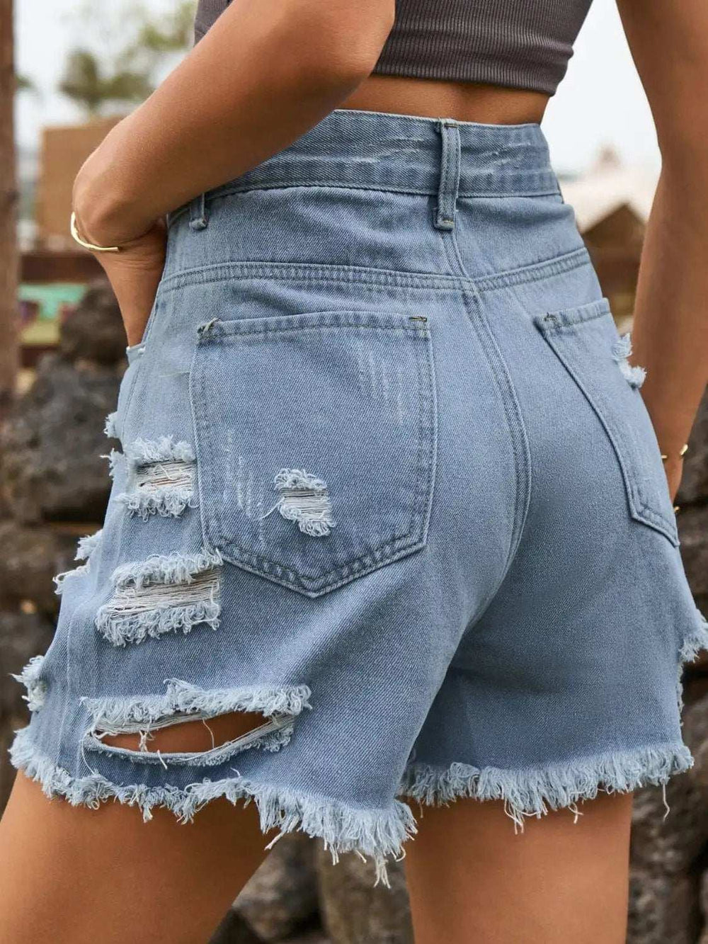 Distressed Raw Hem Denim Shorts - Trendsi - Flyclothing LLC