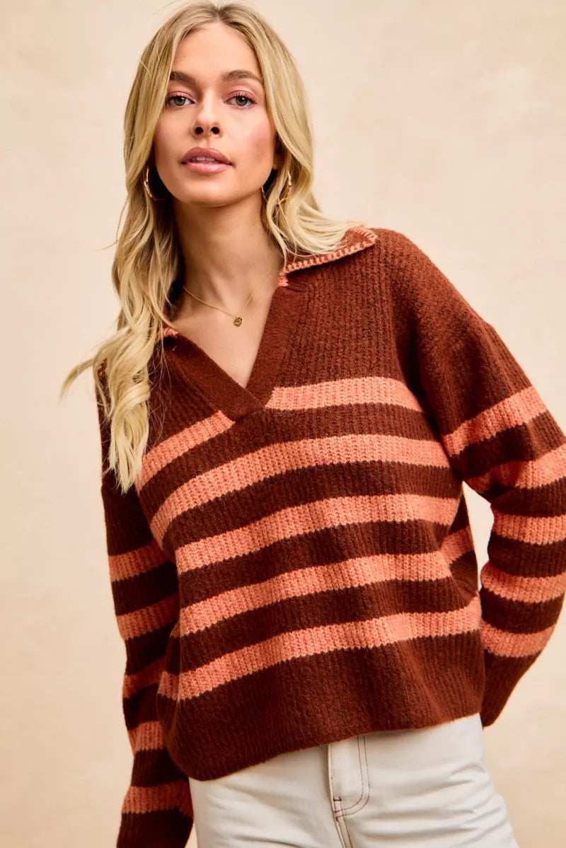 BiBi Striped Sweater Top with Collar Stitched Details - Trendsi - Flyclothing LLC