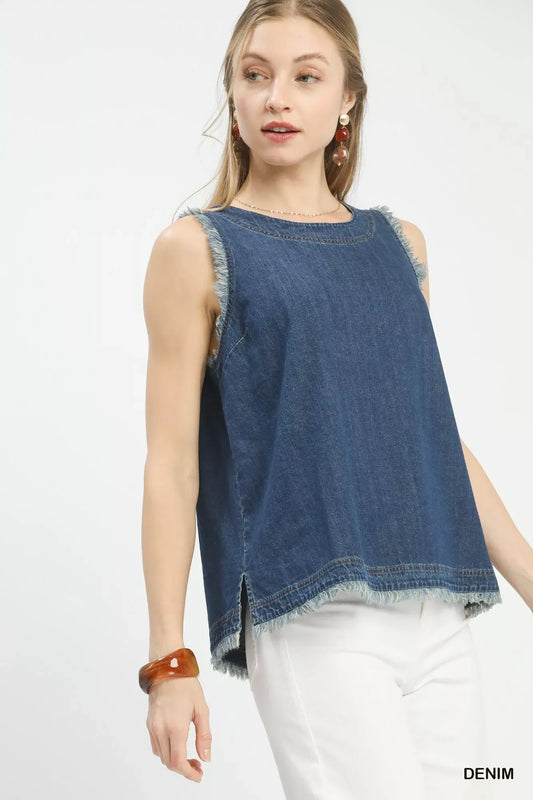 Umgee Sleeveless Fringe Hem Denim Top - Trendsi - Flyclothing LLC