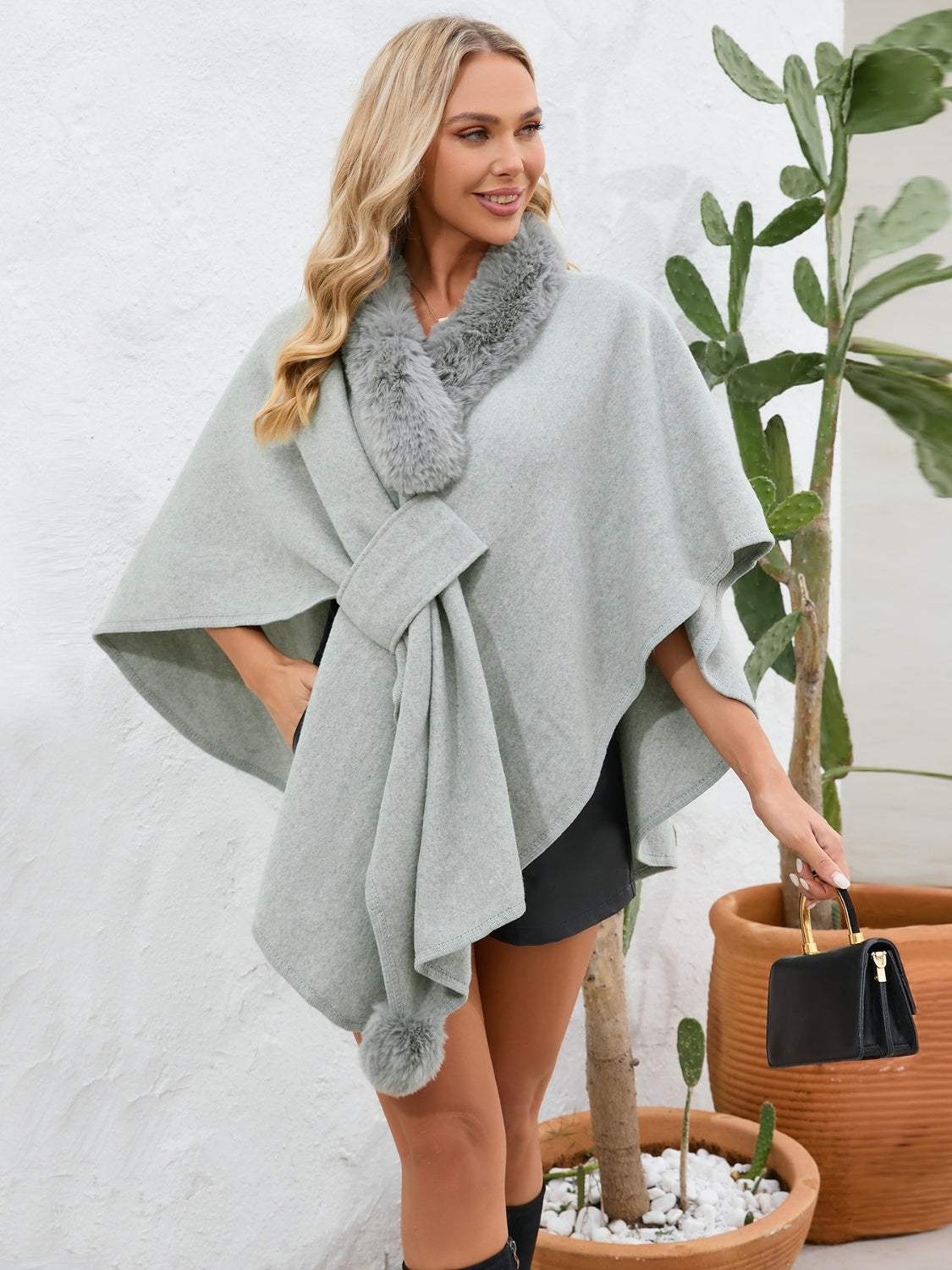 Fuzzy Trim Open Front Poncho - Trendsi - Flyclothing LLC