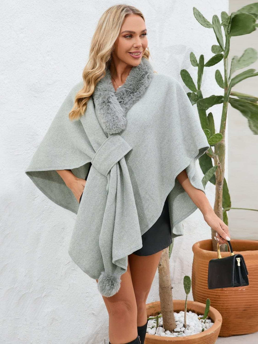 Fuzzy Trim Open Front Poncho - Trendsi - Flyclothing LLC