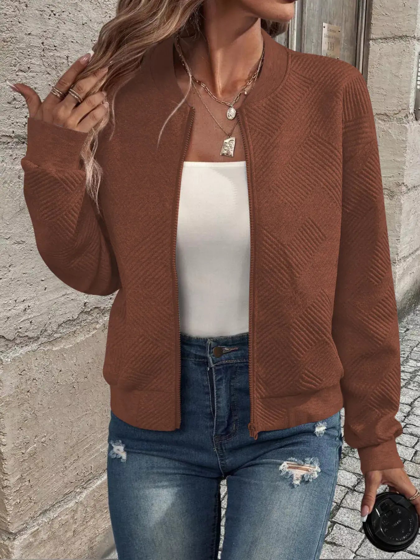 Texture Zip-Up Bomber Jacket - Trendsi - Flyclothing LLC