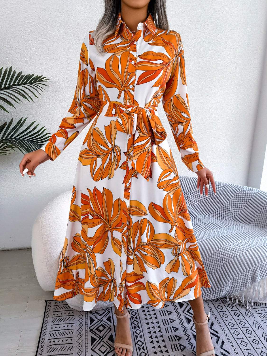 Tied Button Up Long Sleeve Dress - Trendsi - Flyclothing LLC