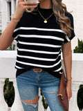 Striped Mock Neck Short Sleeve Sweater - Trendsi - Flyclothing LLC