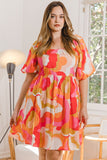 ODDI Full Size Printed Tied Back Short Sleeve Mini Dress - Trendsi