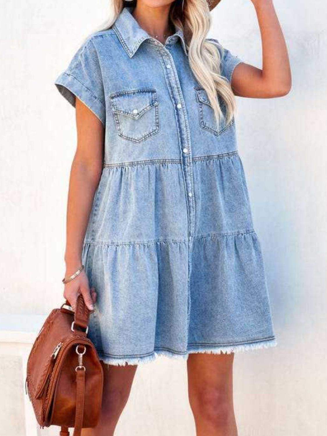 Raw Hem Short Sleeve Denim Dress - Trendsi - Flyclothing LLC