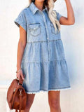 Raw Hem Short Sleeve Denim Dress - Trendsi - Flyclothing LLC