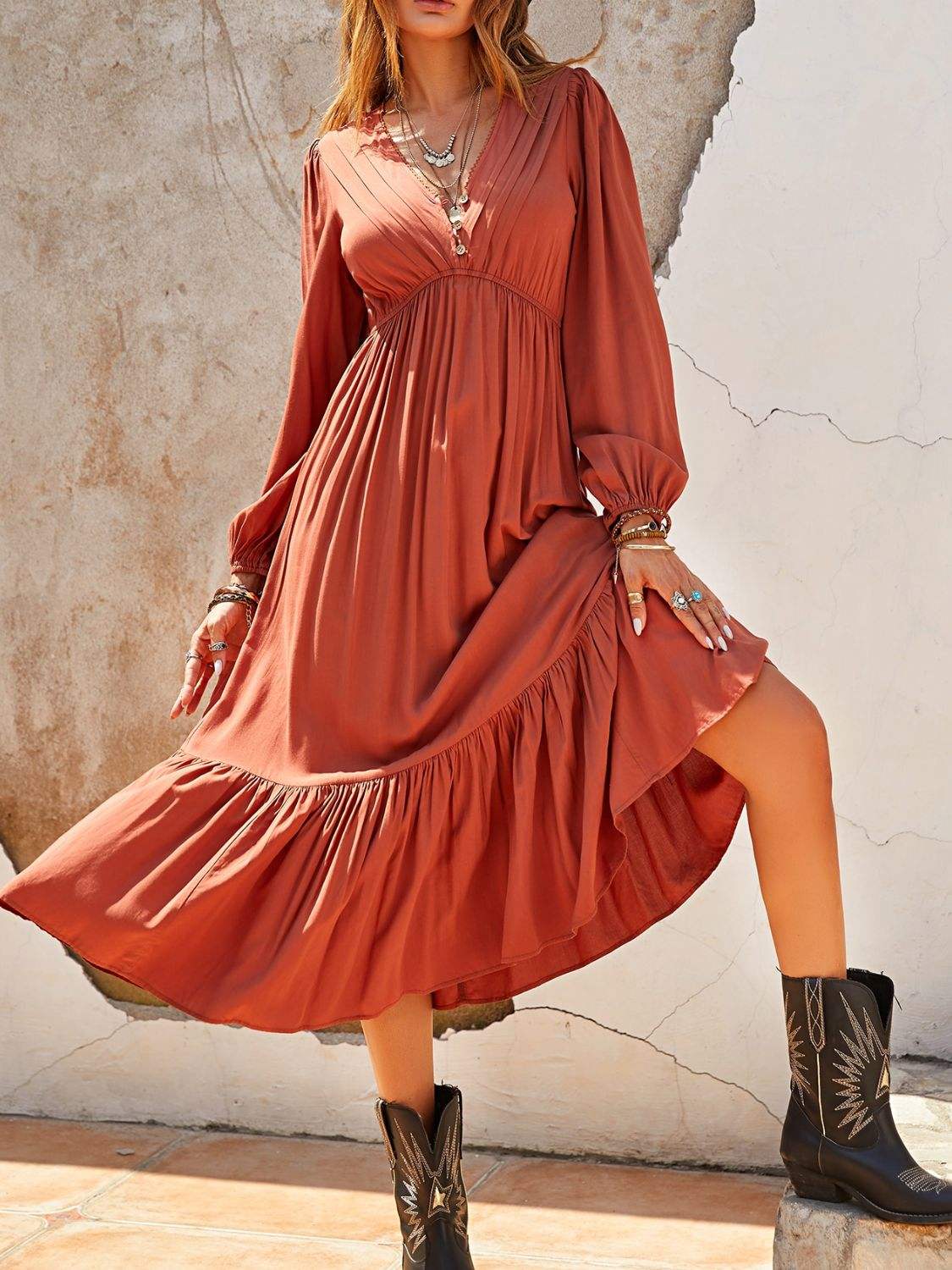 Ruched V-Neck Long Sleeve Midi Dress - Trendsi - Flyclothing LLC