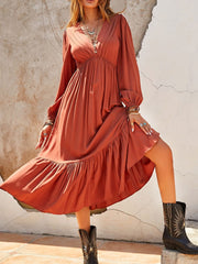 Ruched V-Neck Long Sleeve Midi Dress - Trendsi