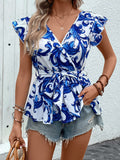 Ruffled Printed Surplice Cap Sleeve Blouse - Trendsi