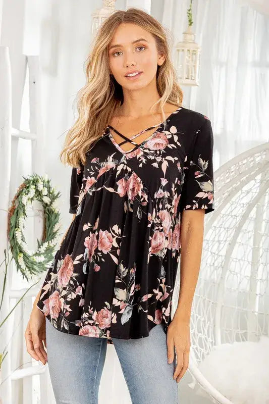 Heimish Full Size Crisscross Neck Floral Babydoll Top Plus Size - Trendsi - Flyclothing LLC
