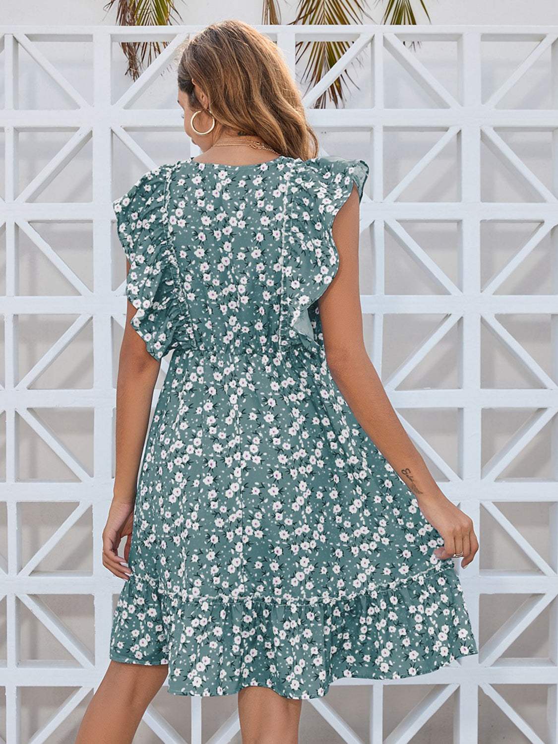 Ruffled Ditsy Floral Surplice Mini Dress - Trendsi - Flyclothing LLC
