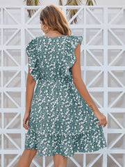 Ruffled Ditsy Floral Surplice Mini Dress - Trendsi