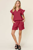 Double Take Full Size Texture Flounce Sleeve Top and Drawstring Shorts Set - Trendsi - Flyclothing LLC