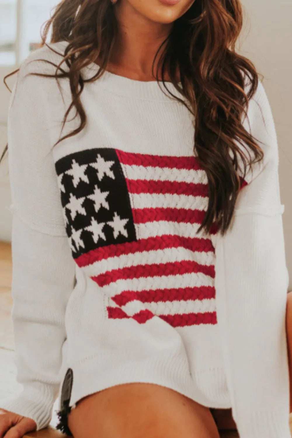 US Flag Side Slit Drop Shoulder Sweater - Trendsi - Flyclothing LLC