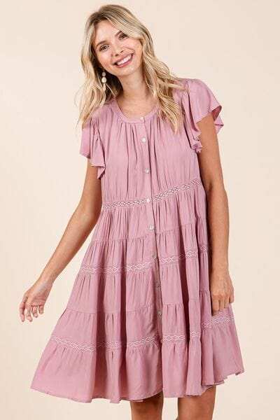 Mittoshop Lace Detail Ruffled Button Down Tiered Dress - Trendsi - Flyclothing LLC