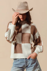 SO ME Ribbed Color Block Checkered Plaid Sweater - Trendsi - Flyclothing LLC