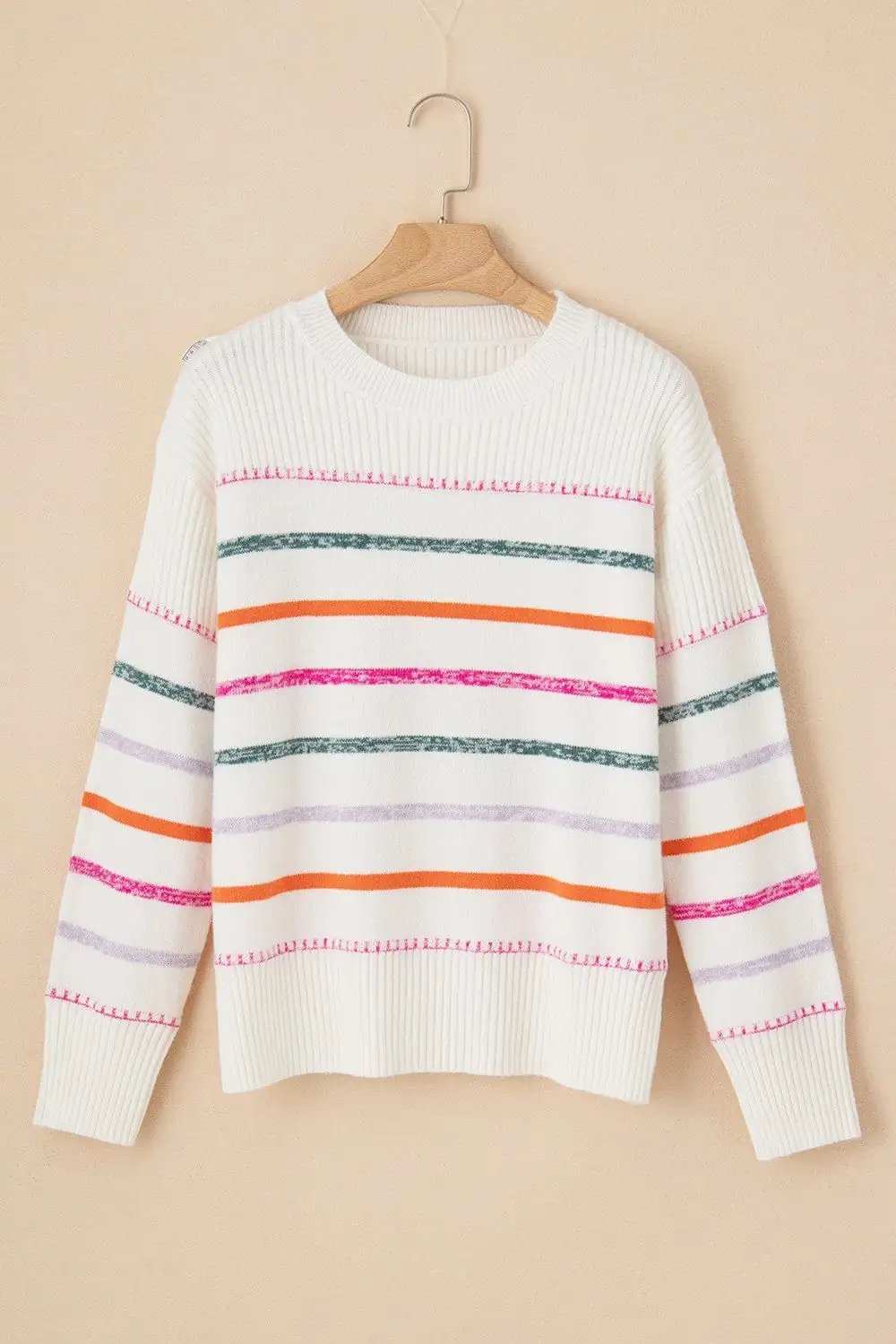 Striped Round Neck Dropped Shoulder Sweater - Trendsi - Flyclothing LLC